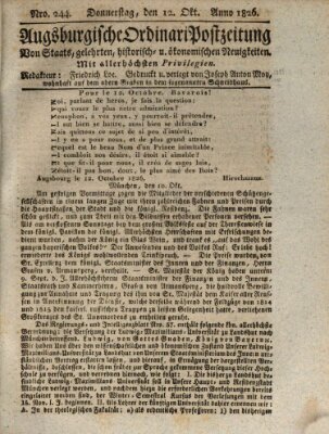 Augsburgische Ordinari Postzeitung von Staats-, gelehrten, historisch- u. ökonomischen Neuigkeiten (Augsburger Postzeitung) Donnerstag 12. Oktober 1826