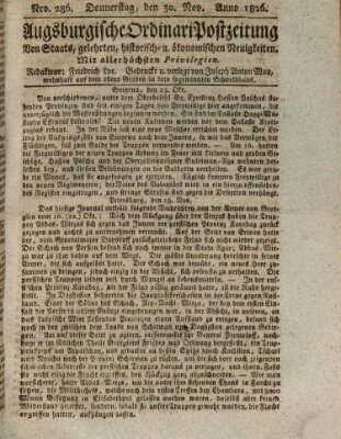 Augsburgische Ordinari Postzeitung von Staats-, gelehrten, historisch- u. ökonomischen Neuigkeiten (Augsburger Postzeitung) Donnerstag 30. November 1826