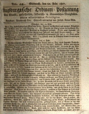 Augsburgische Ordinari Postzeitung von Staats-, gelehrten, historisch- u. ökonomischen Neuigkeiten (Augsburger Postzeitung) Mittwoch 21. Februar 1827