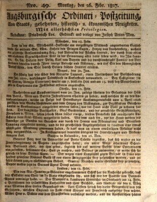 Augsburgische Ordinari Postzeitung von Staats-, gelehrten, historisch- u. ökonomischen Neuigkeiten (Augsburger Postzeitung) Montag 26. Februar 1827