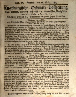 Augsburgische Ordinari Postzeitung von Staats-, gelehrten, historisch- u. ökonomischen Neuigkeiten (Augsburger Postzeitung) Freitag 16. März 1827