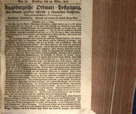 Augsburgische Ordinari Postzeitung von Staats-, gelehrten, historisch- u. ökonomischen Neuigkeiten (Augsburger Postzeitung) Samstag 24. März 1827