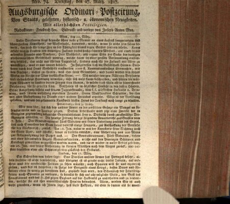 Augsburgische Ordinari Postzeitung von Staats-, gelehrten, historisch- u. ökonomischen Neuigkeiten (Augsburger Postzeitung) Dienstag 27. März 1827