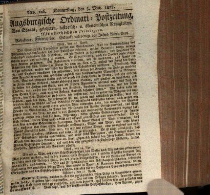 Augsburgische Ordinari Postzeitung von Staats-, gelehrten, historisch- u. ökonomischen Neuigkeiten (Augsburger Postzeitung) Donnerstag 3. Mai 1827