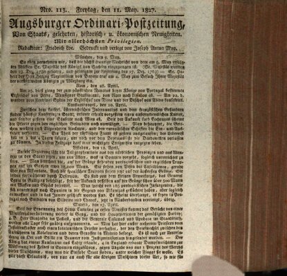 Augsburger Ordinari Postzeitung von Staats-, gelehrten, historisch- u. ökonomischen Neuigkeiten (Augsburger Postzeitung) Freitag 11. Mai 1827