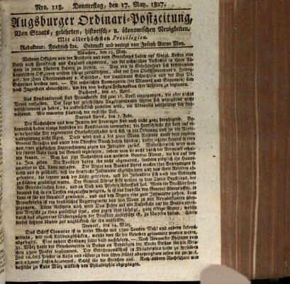 Augsburger Ordinari Postzeitung von Staats-, gelehrten, historisch- u. ökonomischen Neuigkeiten (Augsburger Postzeitung) Donnerstag 17. Mai 1827