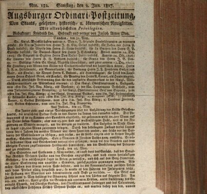 Augsburger Ordinari Postzeitung von Staats-, gelehrten, historisch- u. ökonomischen Neuigkeiten (Augsburger Postzeitung) Samstag 2. Juni 1827