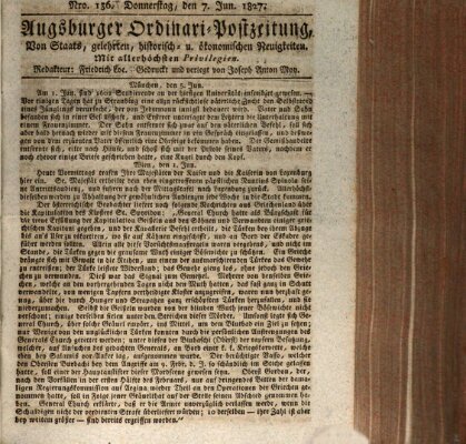 Augsburger Ordinari Postzeitung von Staats-, gelehrten, historisch- u. ökonomischen Neuigkeiten (Augsburger Postzeitung) Donnerstag 7. Juni 1827