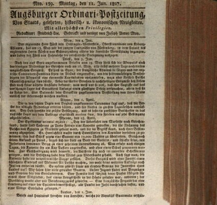 Augsburger Ordinari Postzeitung von Staats-, gelehrten, historisch- u. ökonomischen Neuigkeiten (Augsburger Postzeitung) Montag 11. Juni 1827