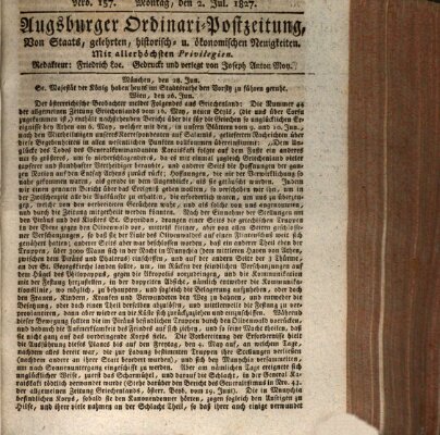 Augsburger Ordinari Postzeitung von Staats-, gelehrten, historisch- u. ökonomischen Neuigkeiten (Augsburger Postzeitung) Sonntag 1. Juli 1827