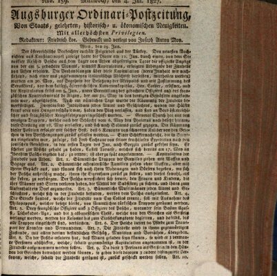 Augsburger Ordinari Postzeitung von Staats-, gelehrten, historisch- u. ökonomischen Neuigkeiten (Augsburger Postzeitung) Mittwoch 4. Juli 1827