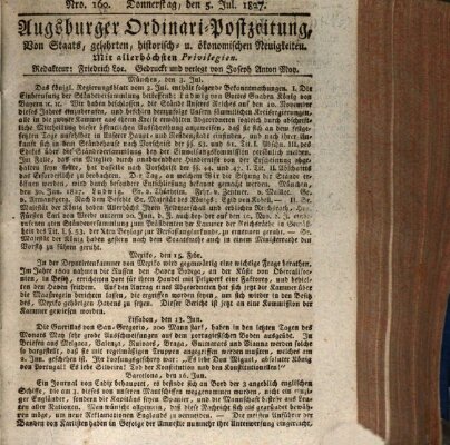 Augsburger Ordinari Postzeitung von Staats-, gelehrten, historisch- u. ökonomischen Neuigkeiten (Augsburger Postzeitung) Donnerstag 5. Juli 1827