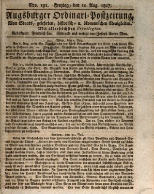 Augsburger Ordinari Postzeitung von Staats-, gelehrten, historisch- u. ökonomischen Neuigkeiten (Augsburger Postzeitung) Freitag 10. August 1827