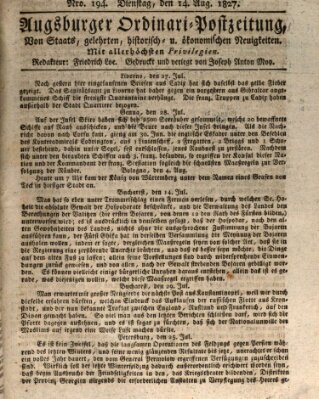 Augsburger Ordinari Postzeitung von Staats-, gelehrten, historisch- u. ökonomischen Neuigkeiten (Augsburger Postzeitung) Dienstag 14. August 1827