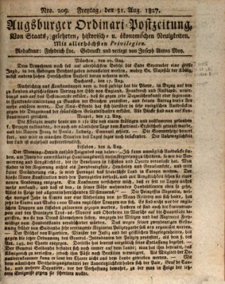 Augsburger Ordinari Postzeitung von Staats-, gelehrten, historisch- u. ökonomischen Neuigkeiten (Augsburger Postzeitung) Freitag 31. August 1827