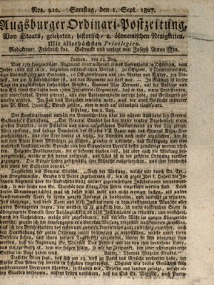 Augsburger Ordinari Postzeitung von Staats-, gelehrten, historisch- u. ökonomischen Neuigkeiten (Augsburger Postzeitung) Samstag 1. September 1827