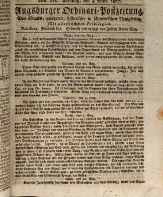 Augsburger Ordinari Postzeitung von Staats-, gelehrten, historisch- u. ökonomischen Neuigkeiten (Augsburger Postzeitung) Dienstag 4. September 1827