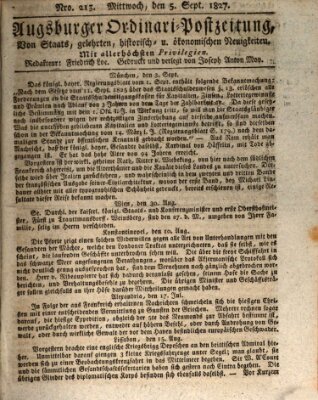 Augsburger Ordinari Postzeitung von Staats-, gelehrten, historisch- u. ökonomischen Neuigkeiten (Augsburger Postzeitung) Mittwoch 5. September 1827