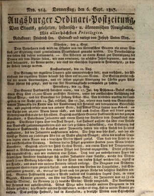 Augsburger Ordinari Postzeitung von Staats-, gelehrten, historisch- u. ökonomischen Neuigkeiten (Augsburger Postzeitung) Donnerstag 6. September 1827