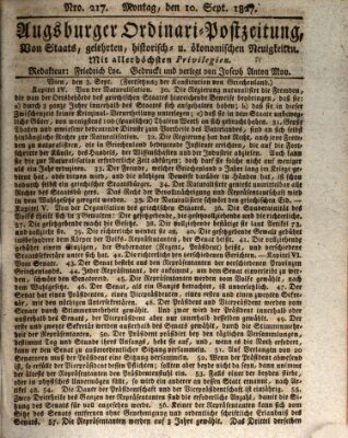 Augsburger Ordinari Postzeitung von Staats-, gelehrten, historisch- u. ökonomischen Neuigkeiten (Augsburger Postzeitung) Montag 10. September 1827