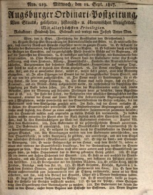 Augsburger Ordinari Postzeitung von Staats-, gelehrten, historisch- u. ökonomischen Neuigkeiten (Augsburger Postzeitung) Mittwoch 12. September 1827