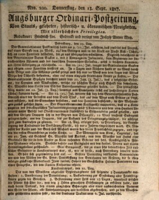 Augsburger Ordinari Postzeitung von Staats-, gelehrten, historisch- u. ökonomischen Neuigkeiten (Augsburger Postzeitung) Donnerstag 13. September 1827