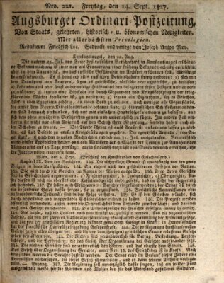 Augsburger Ordinari Postzeitung von Staats-, gelehrten, historisch- u. ökonomischen Neuigkeiten (Augsburger Postzeitung) Freitag 14. September 1827