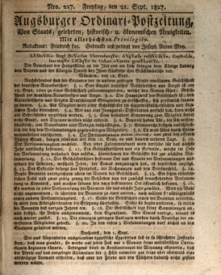 Augsburger Ordinari Postzeitung von Staats-, gelehrten, historisch- u. ökonomischen Neuigkeiten (Augsburger Postzeitung) Freitag 21. September 1827