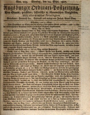 Augsburger Ordinari Postzeitung von Staats-, gelehrten, historisch- u. ökonomischen Neuigkeiten (Augsburger Postzeitung) Montag 24. September 1827