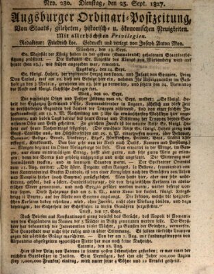 Augsburger Ordinari Postzeitung von Staats-, gelehrten, historisch- u. ökonomischen Neuigkeiten (Augsburger Postzeitung) Dienstag 25. September 1827