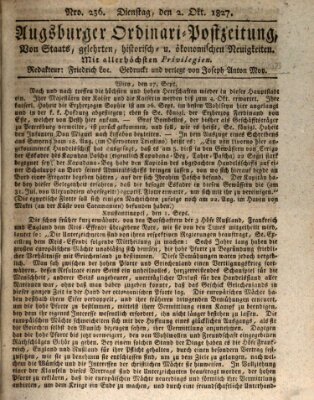 Augsburger Ordinari Postzeitung von Staats-, gelehrten, historisch- u. ökonomischen Neuigkeiten (Augsburger Postzeitung) Dienstag 2. Oktober 1827