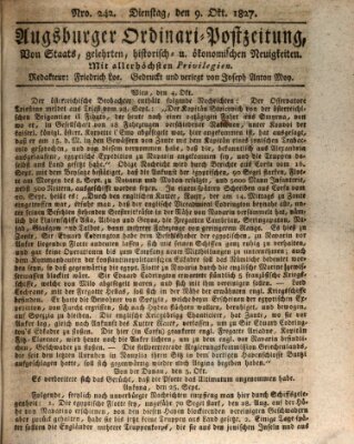 Augsburger Ordinari Postzeitung von Staats-, gelehrten, historisch- u. ökonomischen Neuigkeiten (Augsburger Postzeitung) Dienstag 9. Oktober 1827