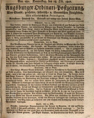 Augsburger Ordinari Postzeitung von Staats-, gelehrten, historisch- u. ökonomischen Neuigkeiten (Augsburger Postzeitung) Donnerstag 18. Oktober 1827