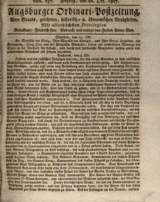 Augsburger Ordinari Postzeitung von Staats-, gelehrten, historisch- u. ökonomischen Neuigkeiten (Augsburger Postzeitung) Samstag 20. Oktober 1827