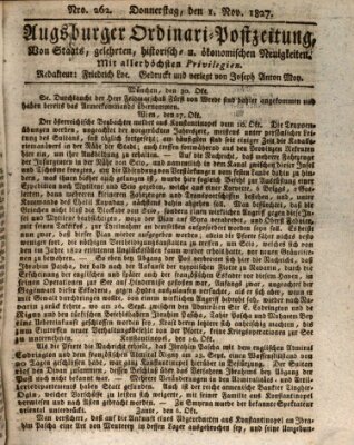 Augsburger Ordinari Postzeitung von Staats-, gelehrten, historisch- u. ökonomischen Neuigkeiten (Augsburger Postzeitung) Donnerstag 1. November 1827