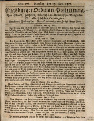 Augsburger Ordinari Postzeitung von Staats-, gelehrten, historisch- u. ökonomischen Neuigkeiten (Augsburger Postzeitung) Samstag 17. November 1827