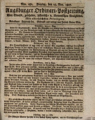 Augsburger Ordinari Postzeitung von Staats-, gelehrten, historisch- u. ökonomischen Neuigkeiten (Augsburger Postzeitung) Freitag 23. November 1827