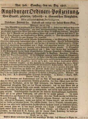 Augsburger Ordinari Postzeitung von Staats-, gelehrten, historisch- u. ökonomischen Neuigkeiten (Augsburger Postzeitung) Samstag 22. Dezember 1827