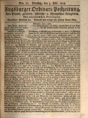 Augsburger Ordinari Postzeitung von Staats-, gelehrten, historisch- u. ökonomischen Neuigkeiten (Augsburger Postzeitung) Dienstag 5. Februar 1828