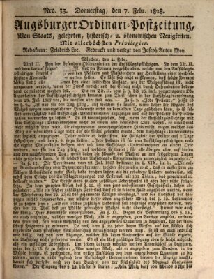 Augsburger Ordinari Postzeitung von Staats-, gelehrten, historisch- u. ökonomischen Neuigkeiten (Augsburger Postzeitung) Donnerstag 7. Februar 1828