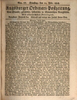 Augsburger Ordinari Postzeitung von Staats-, gelehrten, historisch- u. ökonomischen Neuigkeiten (Augsburger Postzeitung) Dienstag 12. Februar 1828