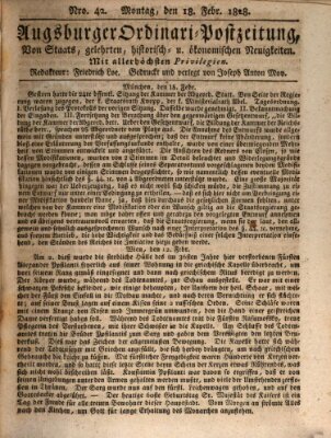 Augsburger Ordinari Postzeitung von Staats-, gelehrten, historisch- u. ökonomischen Neuigkeiten (Augsburger Postzeitung) Montag 18. Februar 1828