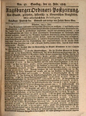 Augsburger Ordinari Postzeitung von Staats-, gelehrten, historisch- u. ökonomischen Neuigkeiten (Augsburger Postzeitung) Samstag 23. Februar 1828