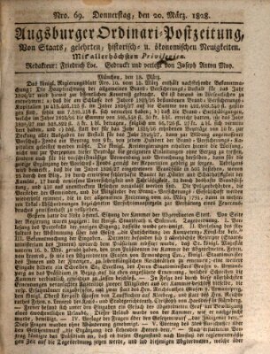 Augsburger Ordinari Postzeitung von Staats-, gelehrten, historisch- u. ökonomischen Neuigkeiten (Augsburger Postzeitung) Donnerstag 20. März 1828