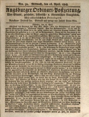 Augsburger Ordinari Postzeitung von Staats-, gelehrten, historisch- u. ökonomischen Neuigkeiten (Augsburger Postzeitung) Mittwoch 16. April 1828