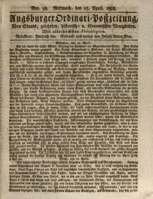 Augsburger Ordinari Postzeitung von Staats-, gelehrten, historisch- u. ökonomischen Neuigkeiten (Augsburger Postzeitung) Mittwoch 23. April 1828