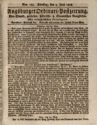 Augsburger Ordinari Postzeitung von Staats-, gelehrten, historisch- u. ökonomischen Neuigkeiten (Augsburger Postzeitung) Dienstag 3. Juni 1828