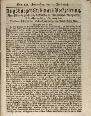 Augsburger Ordinari Postzeitung von Staats-, gelehrten, historisch- u. ökonomischen Neuigkeiten (Augsburger Postzeitung) Donnerstag 12. Juni 1828