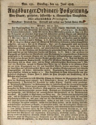 Augsburger Ordinari Postzeitung von Staats-, gelehrten, historisch- u. ökonomischen Neuigkeiten (Augsburger Postzeitung) Dienstag 24. Juni 1828