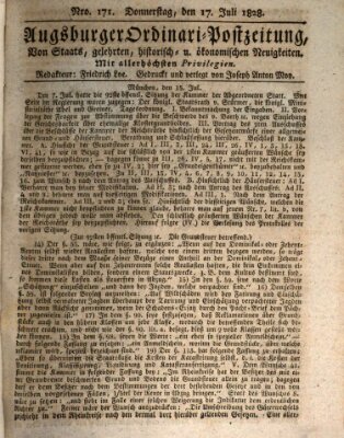 Augsburger Ordinari Postzeitung von Staats-, gelehrten, historisch- u. ökonomischen Neuigkeiten (Augsburger Postzeitung) Donnerstag 17. Juli 1828